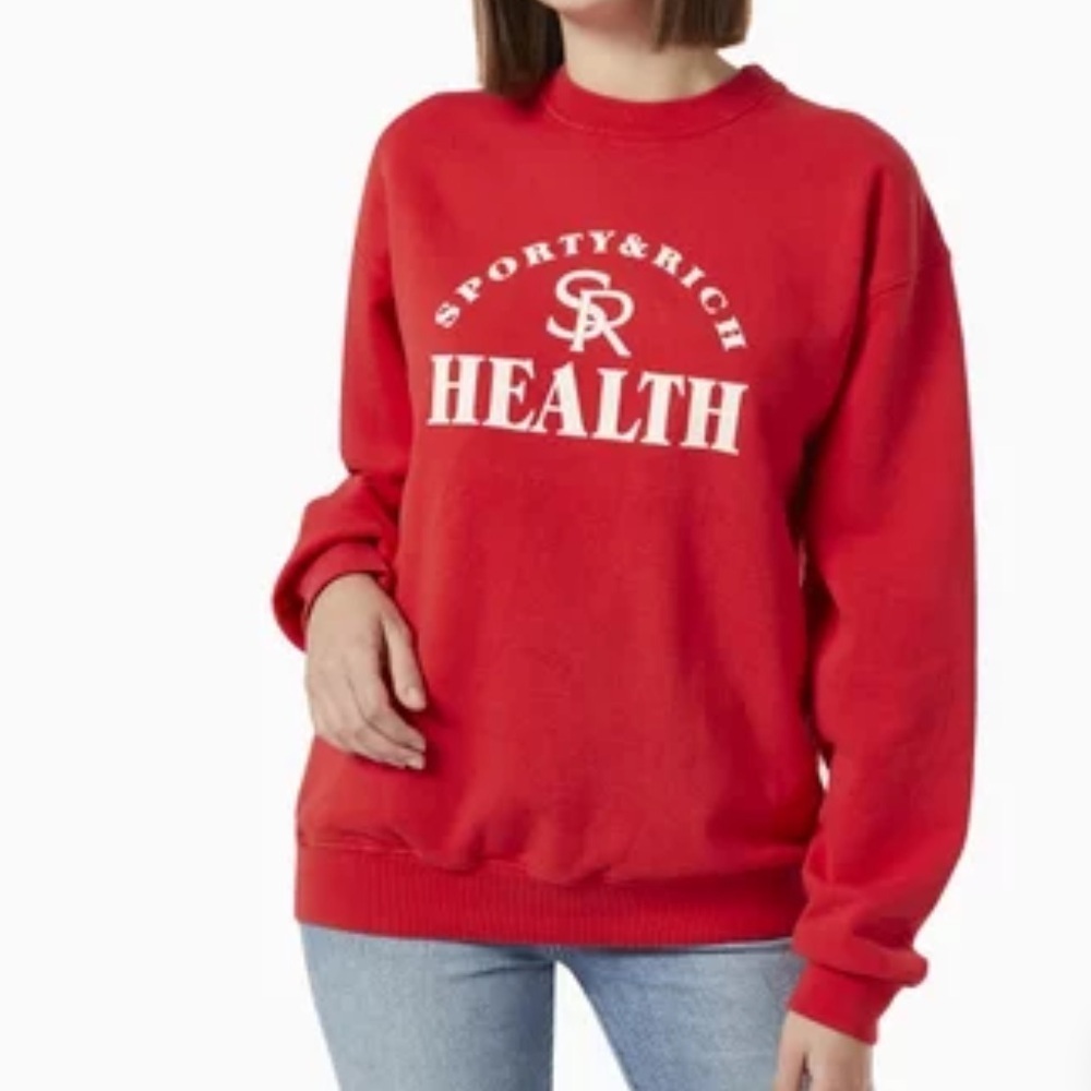 Sporty & Rich Red HEALTH Crew Neck Cotton Sweatshirt MadeinUSA size L MSRP $185!